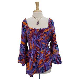 Terra & Sky Boho Peasant Top 3X Multicolor Bell Sleeve Festival Smocked NWT